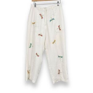 Paraphrase Womens 6 Dragonfly Embroidered Cropped White Lined Linen Pants Boho